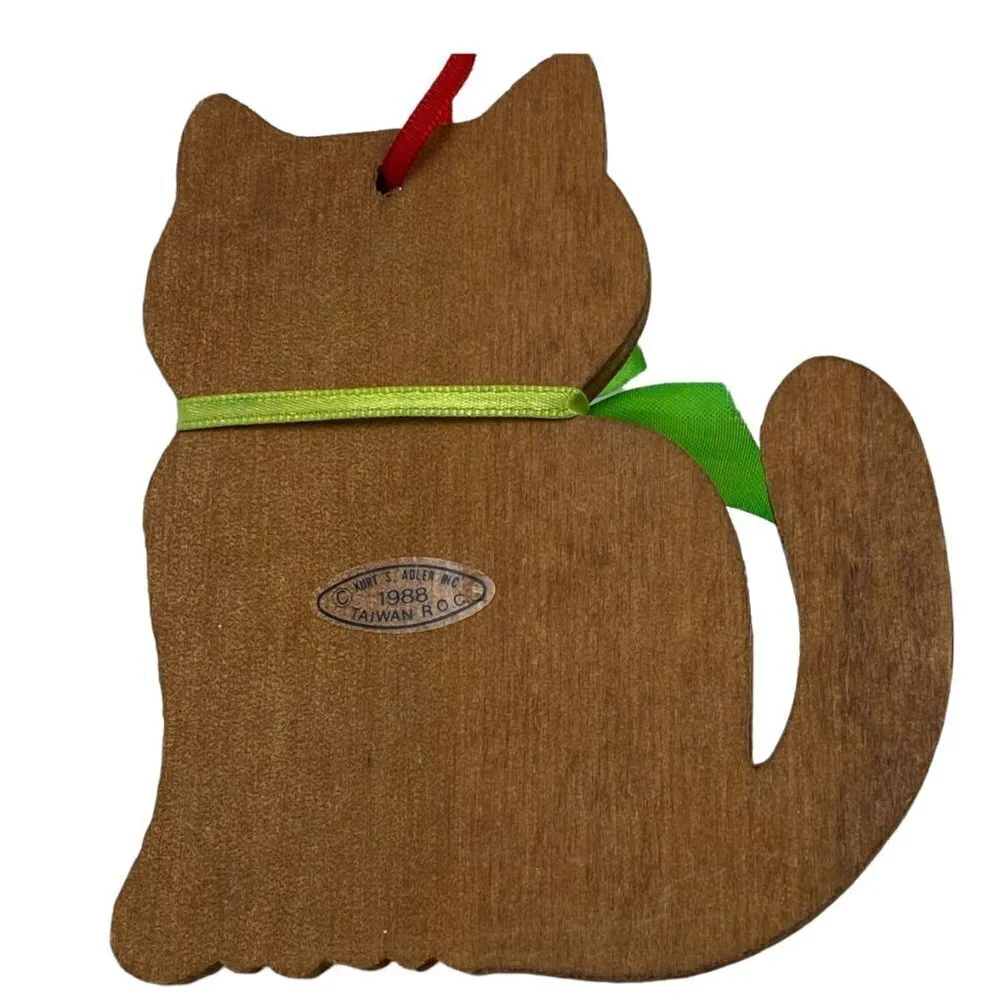 Cat Ornament Vintage Kurt Adler Wooden Christmas Ornament 1988 with Heart Rustic